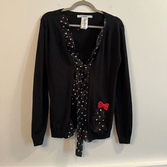 Women’s Disney Parks black polka dot ruffle trim Minnie Mouse sweater cardigan - Picture 1 of 5